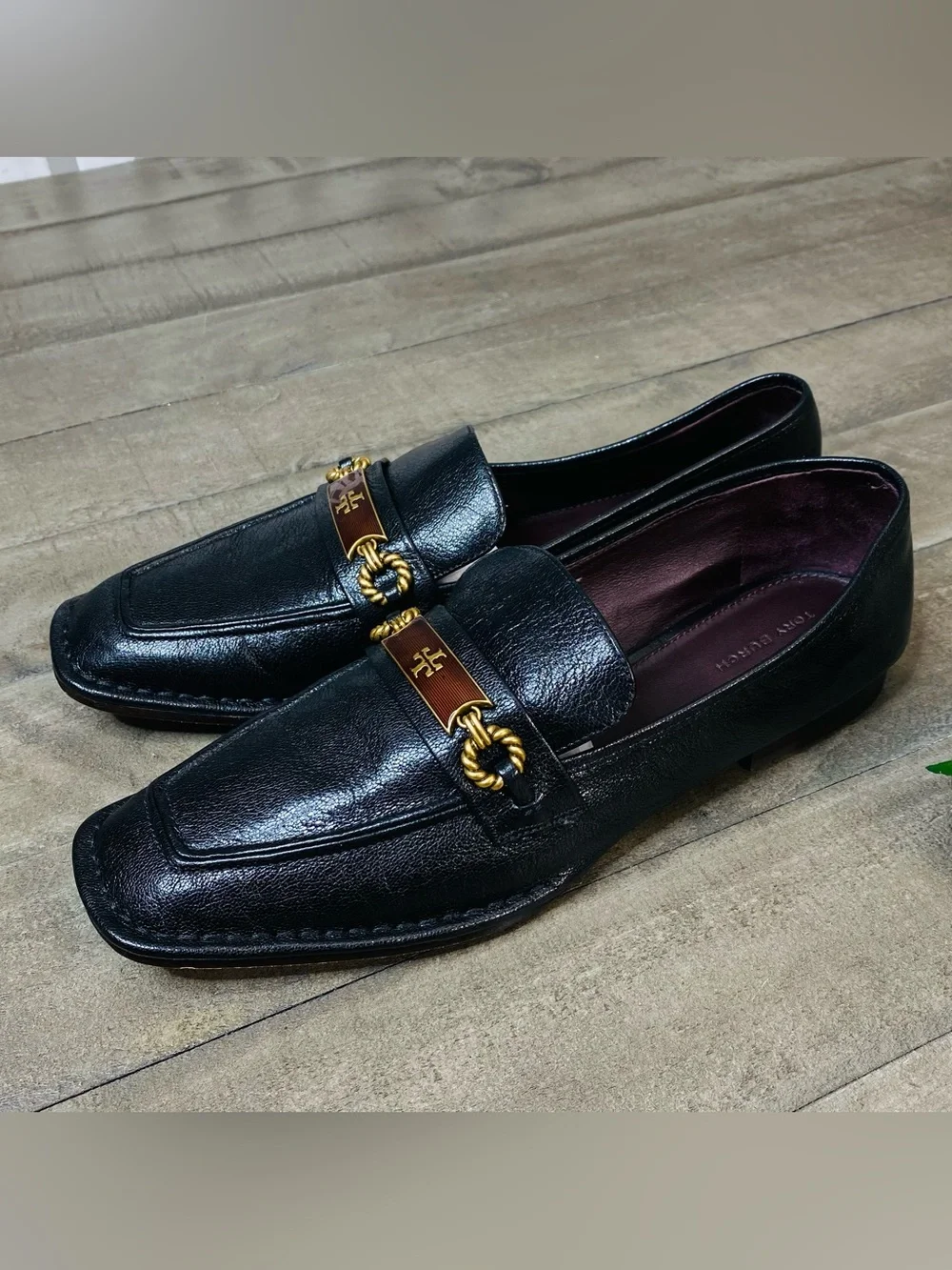 Tory Burch Size 9.5 Perrine Loafer Shoes Square Toe Logo Leather Perfect Black